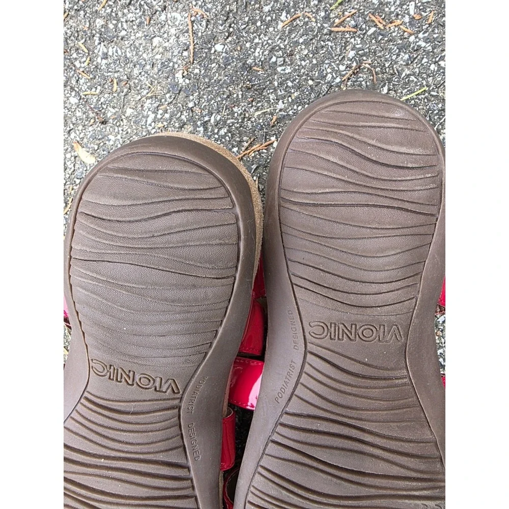 Vionic Misa (Sz 9) Sandals Women's Slides Red Patent Adjustable Straps Buckles